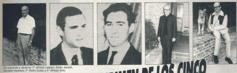The three priests and two seminarians of San Patricio, in press photographs printed in 1985