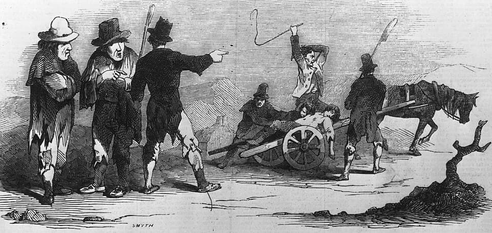 An engraving of a funeral at Skibbereen during the Famine